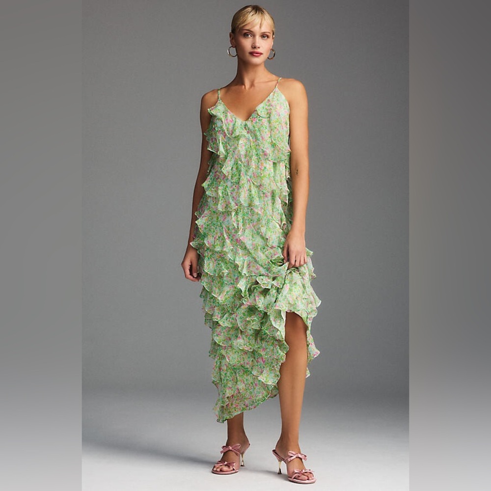 BHLDN Jia Bias-Cut Ruffled V-Neck Gown